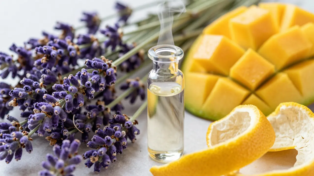 Botanické prvky představující terpeny kolem lahvičky