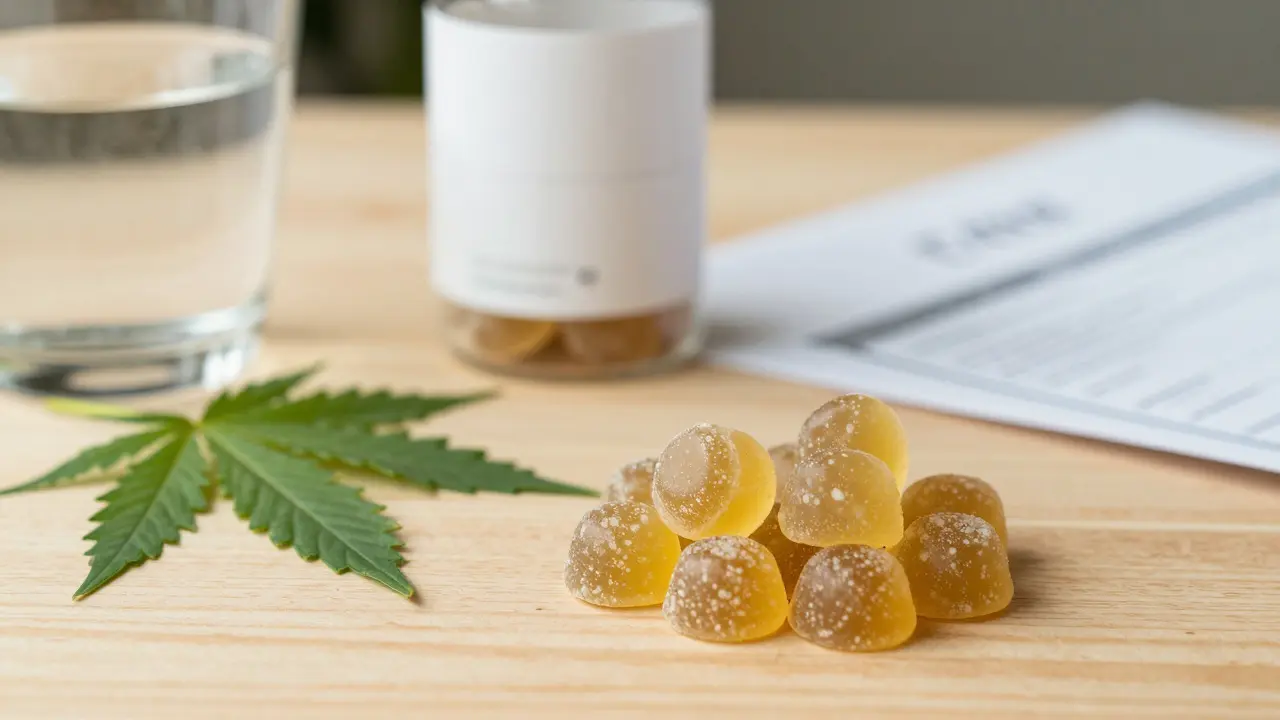CBD gummy medvídky na dřevěném povrchu s konopným listem