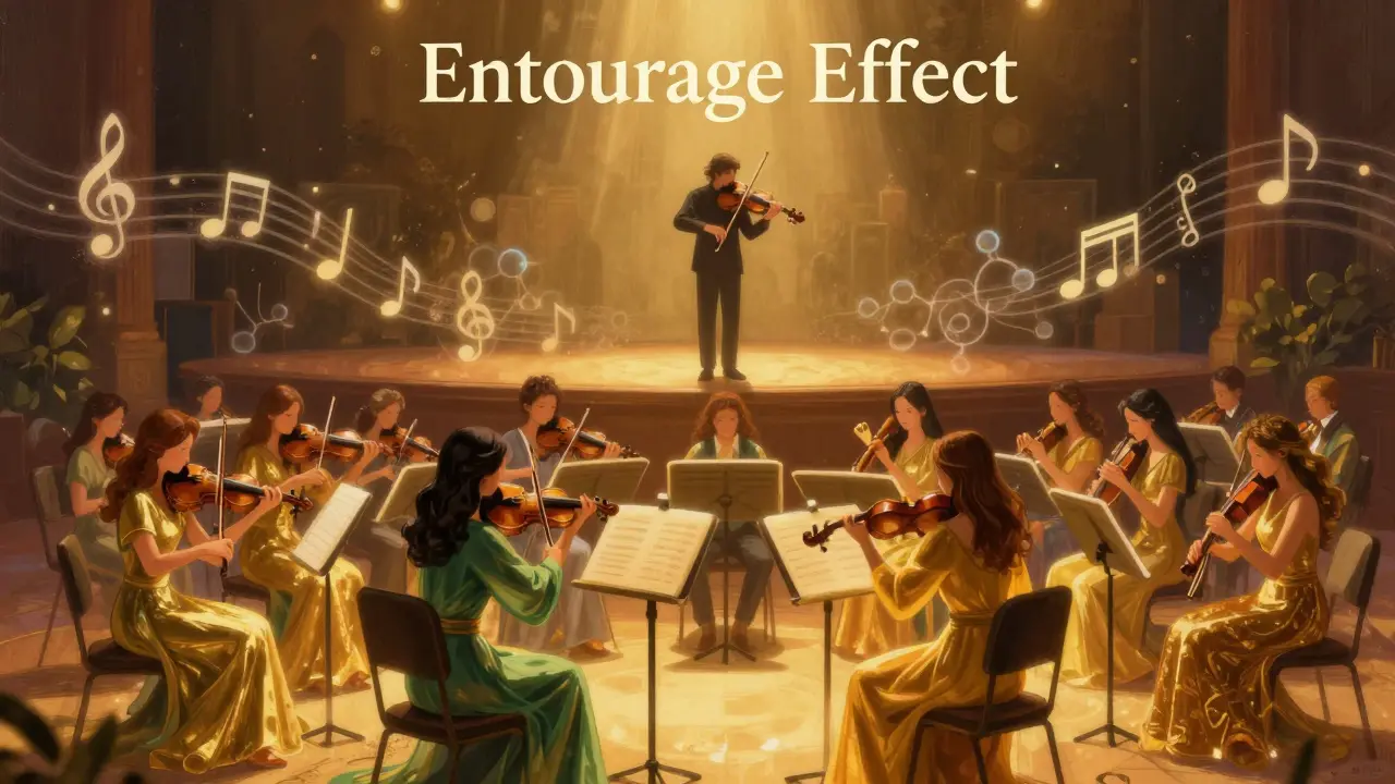 Ilustrace orchestru symbolizující synergický entourage efekt CBD