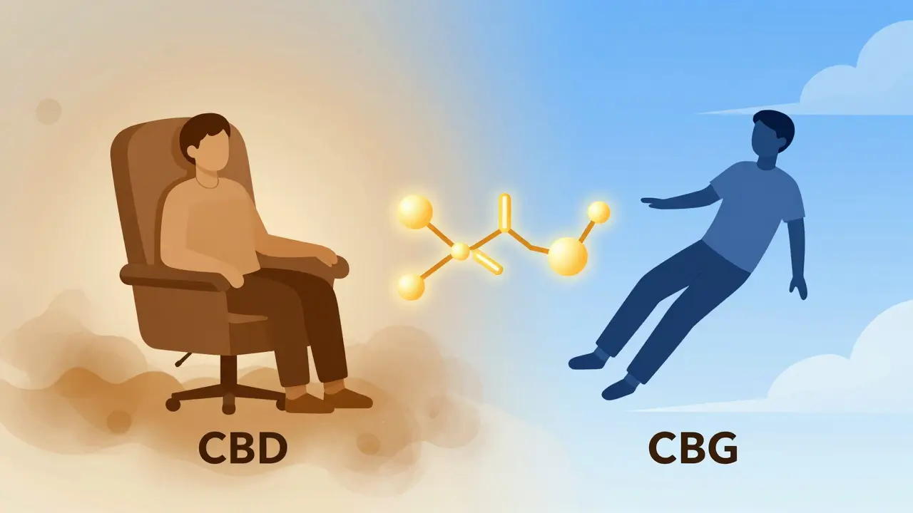 Konceptuální ilustrace srovnávající těžký efekt CBD a jasný efekt CBG