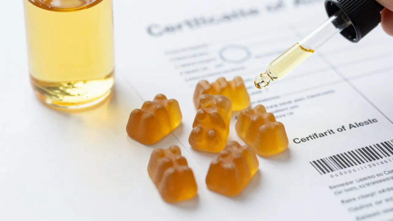 Kvalitní CBD gumičky vedle laboratorního protokolu COA