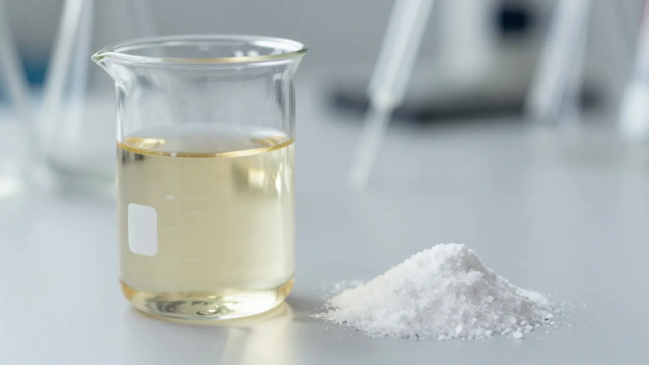 Laboratorní sklenice s kapalinou a práškem představující syntézu HHC