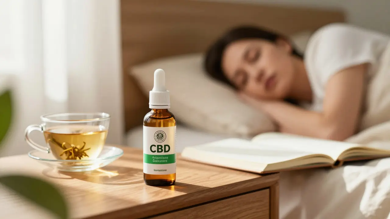 Lahev CBD oleje na nočním stolku v klidné ložnici při ranním slunci