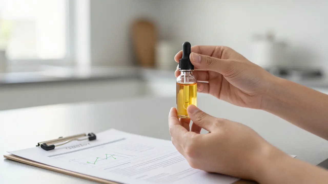 Lahev s CBD olejem a laboratorní certifikát na stole