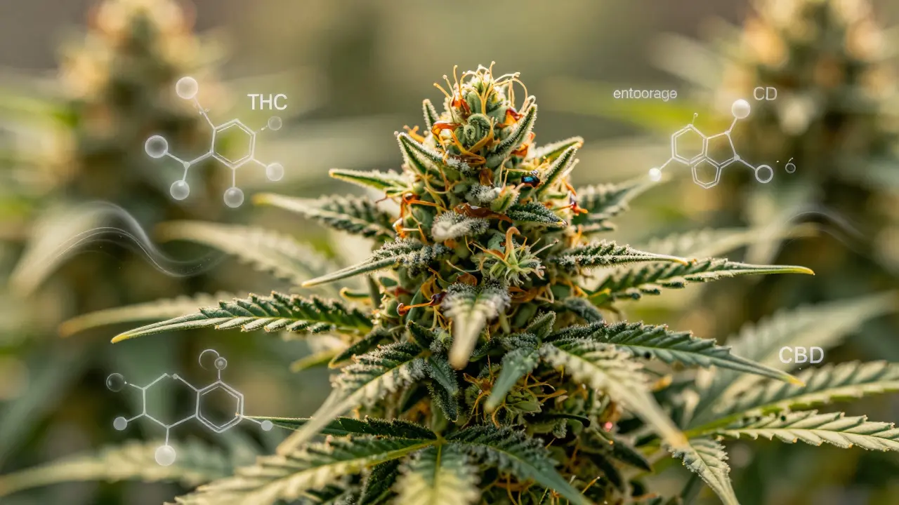 Makro záběr konopných květů s vizualizací terpénů a THC