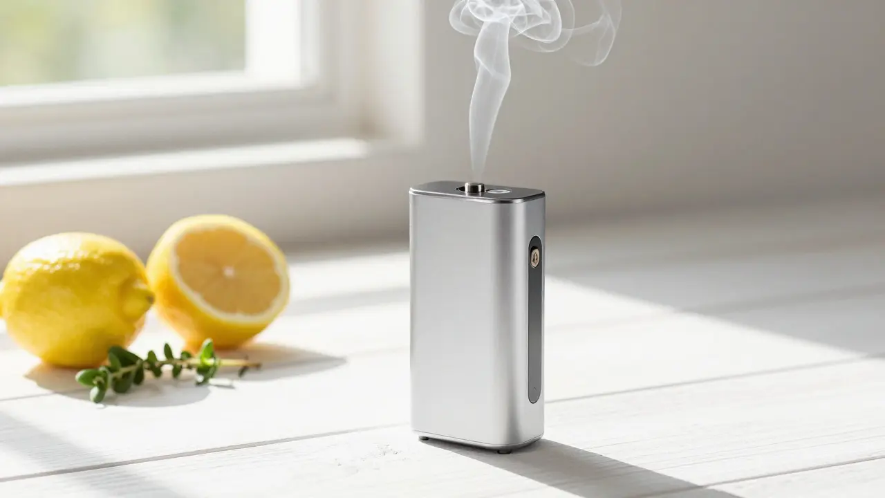 Moderní vaporizátor s citrusy a bylinami symbolizujícími terpény