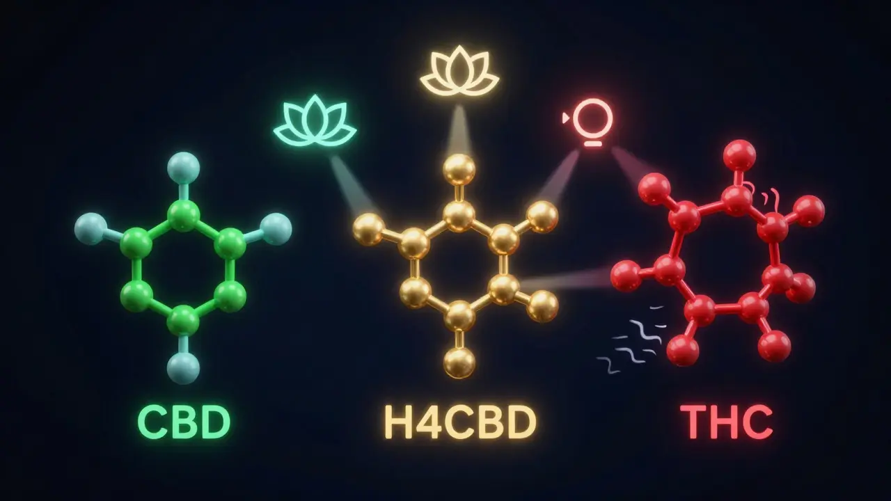 Abstraktní srovnání molekul CBD, H4CBD a THC v tmavém prostoru