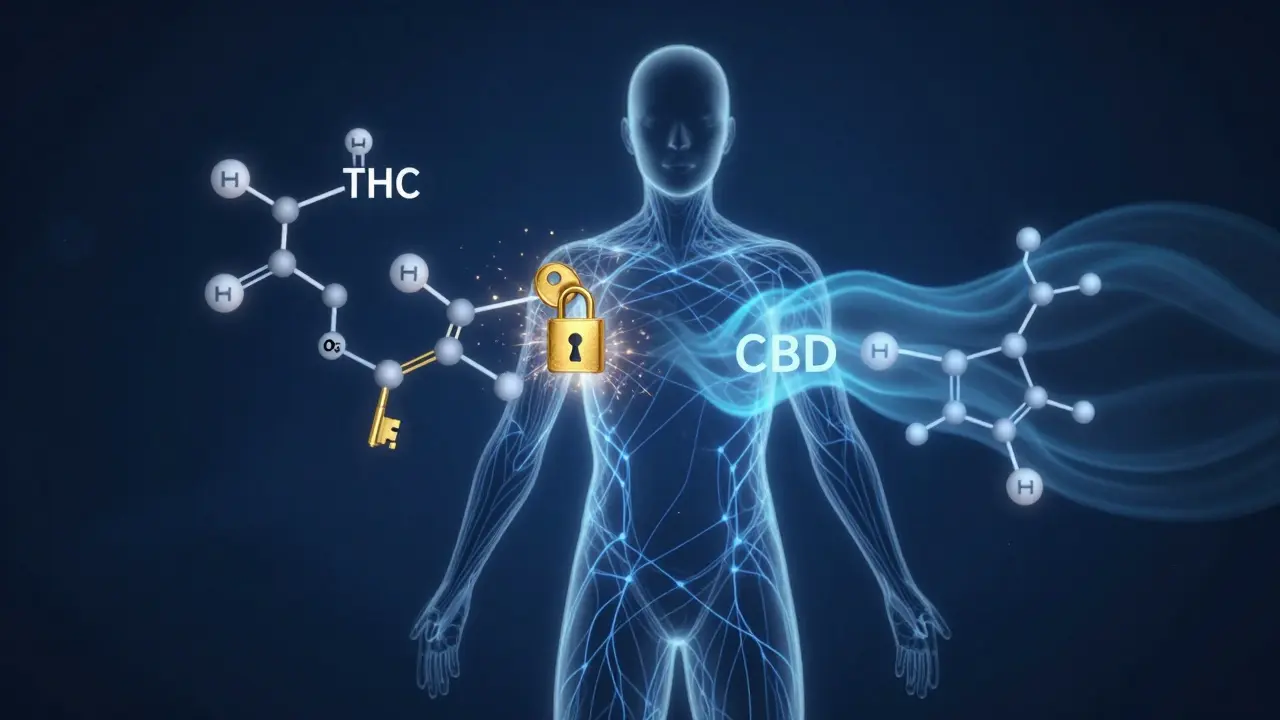 Abstraktní vizualizace působení CBD a THC v lidském těle