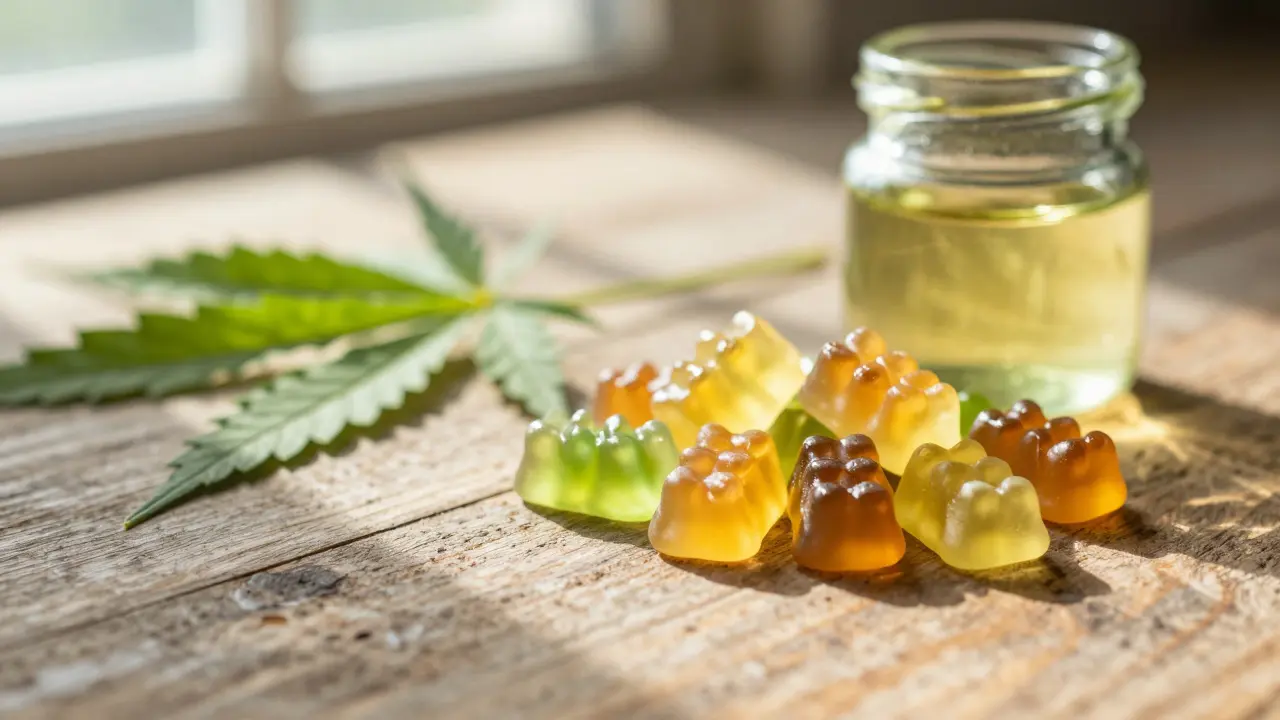 Barevné CBD gumičky vedle oleje z konopí a čerstvých listů
