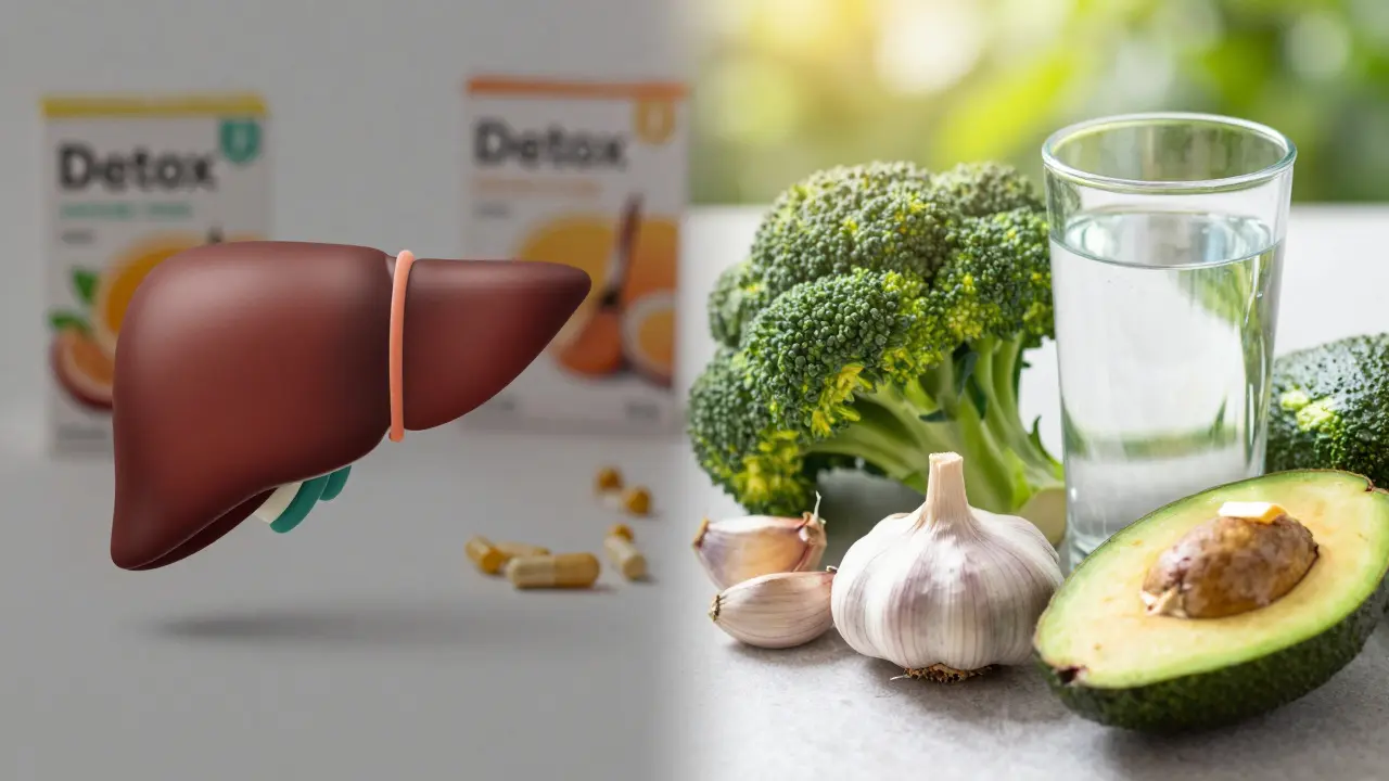 Fresh vegetables and water contrasted with blurred detox supplement boxes