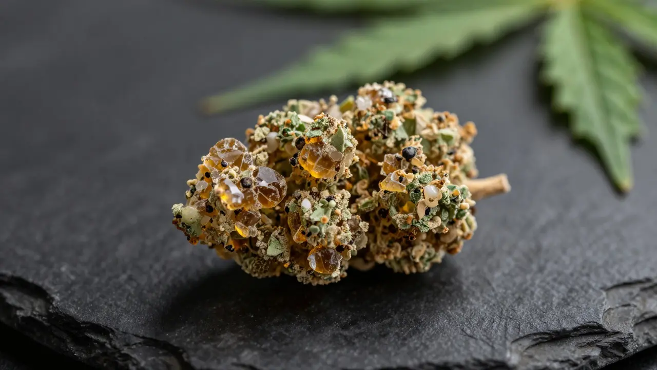 Makro záběr na krystalickou strukturu CBD crumble