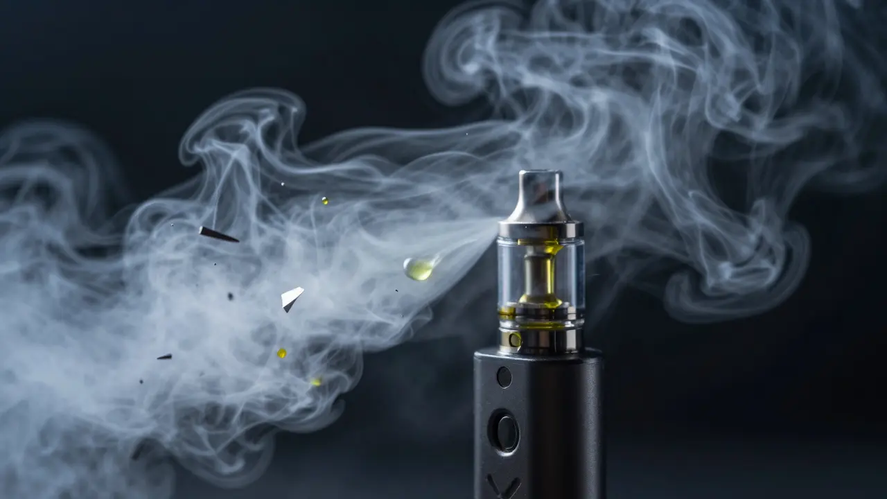 Makro záběr na výpar z vapera s vizuálními znaky nečistot a kovů