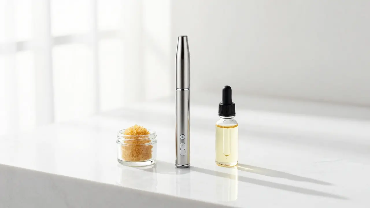 Moderní vaporizér a CBD extrakt na bílém mramoru