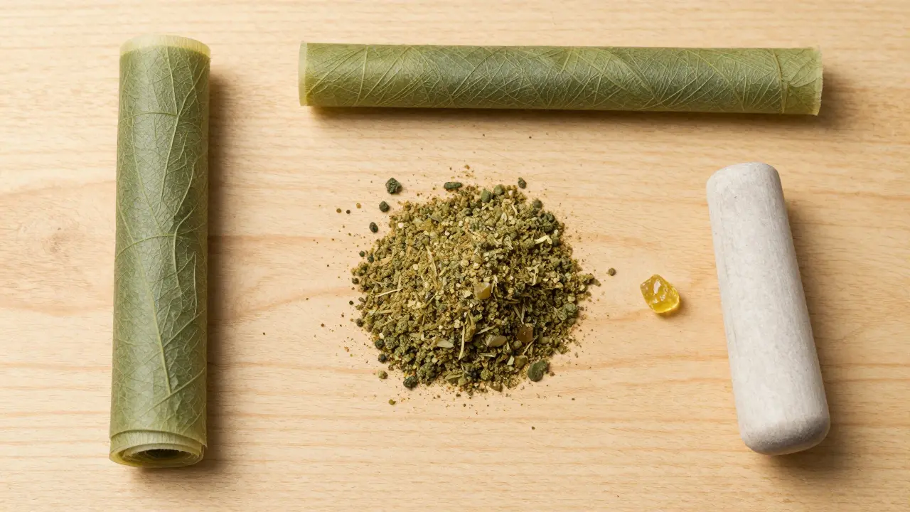 Příprava směsi CBD květu a crumble na dřevěném podkladu