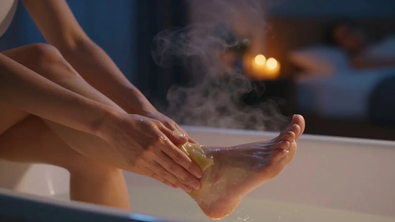 Relaxing evening self-care ritual with foot balm application in warm light