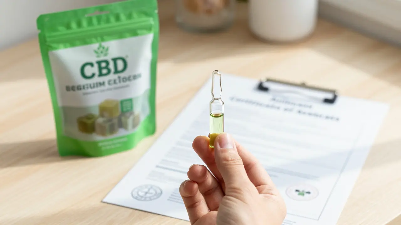 Ruka drží CBD produkt vedle certifikátu o analýze