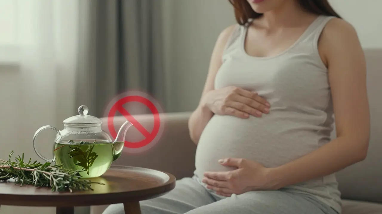 Těhotná žena u stolku s čajem z pelyňou a bylinkami, ilustrující riziko pro těhotné
