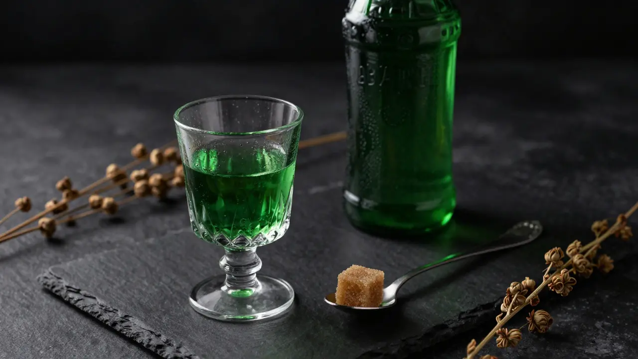 Zelená láhev absintu a sklenice v dramatickém světle, naznačující toxické riziko