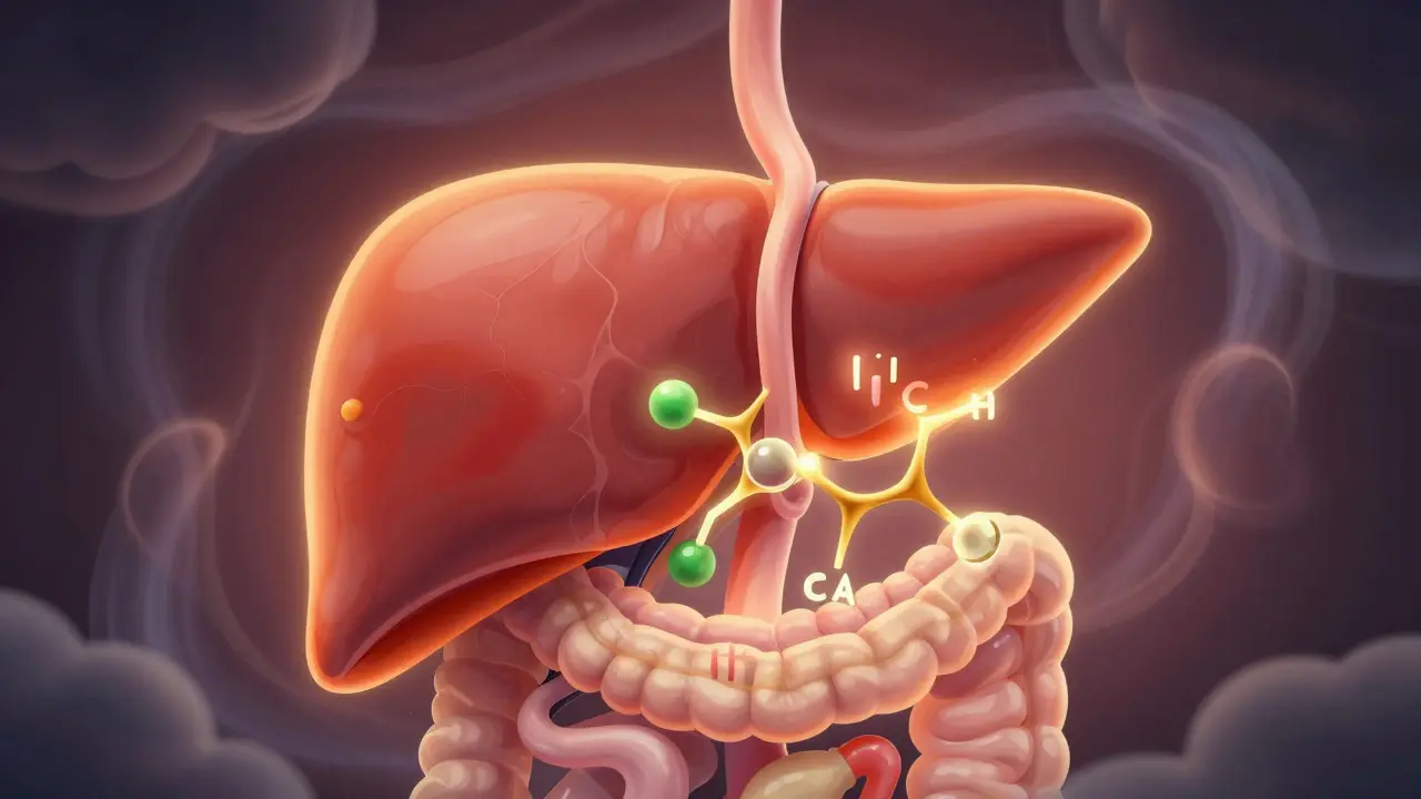 Abstraktní ilustrace metabolizace THC v játrech na silnější molekulu