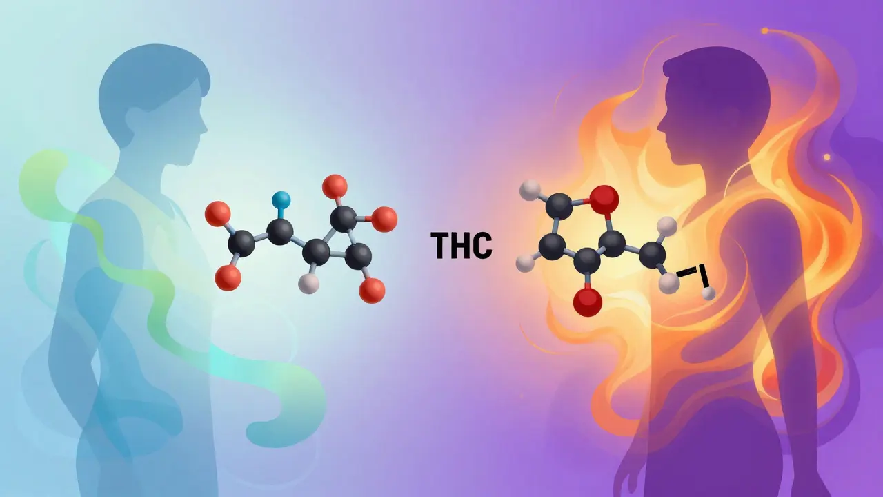 Abstraktní ilustrace rozdílů mezi molekulami CBD a THC
