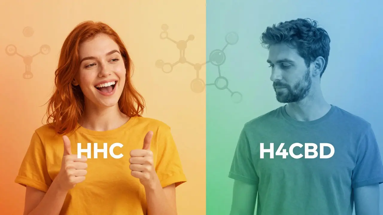 Konceptuální srovnání teplé euforie HHC a chladné relaxace H4CBD.