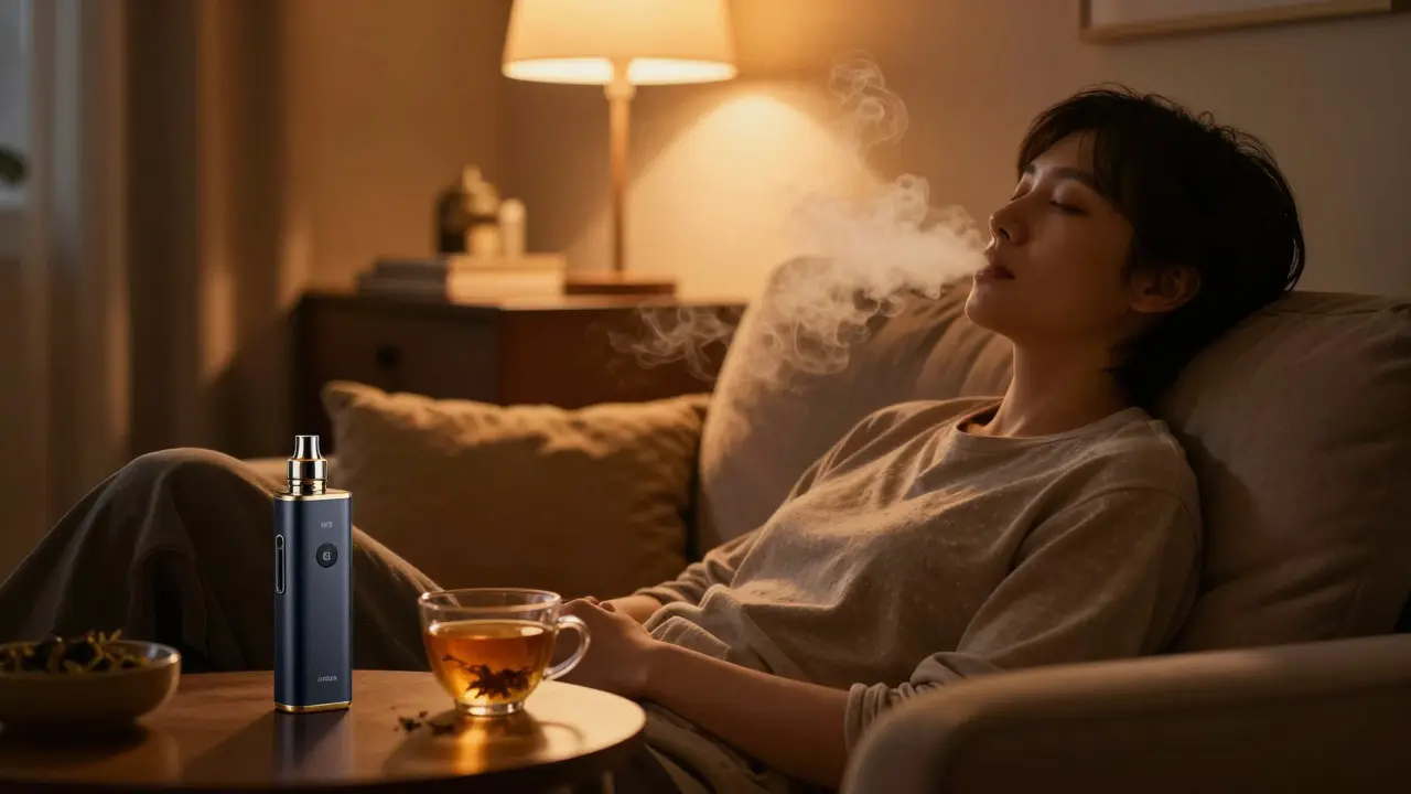 Osoba relaxující na gauči s vapem při večerním světle