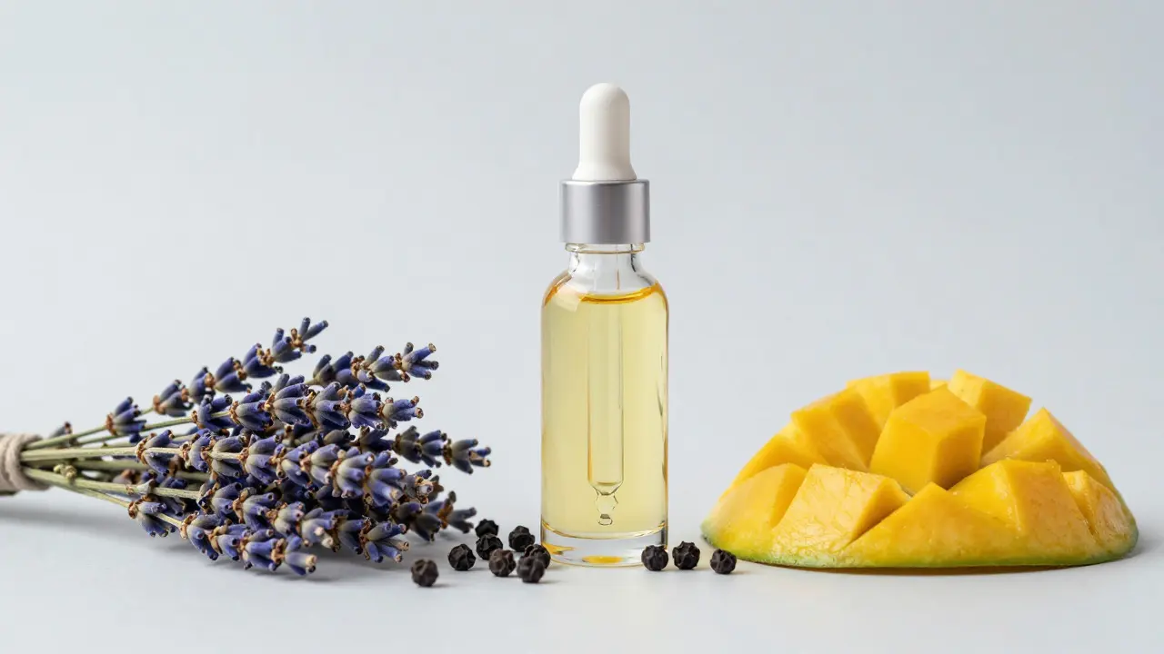 Přírodní ingredience jako levandule a mango kolem lahvičky CBD oleje