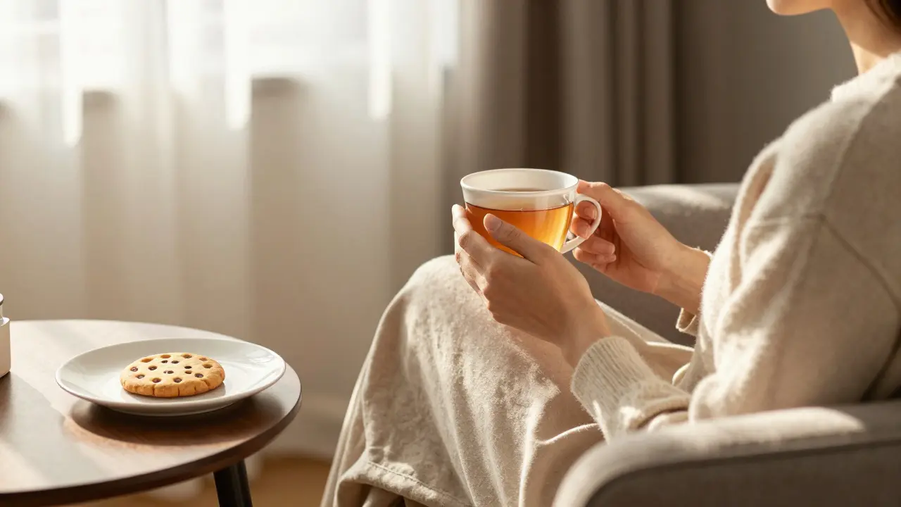 Relaxující osoba v křesle s čajem a zbytkem sušenky