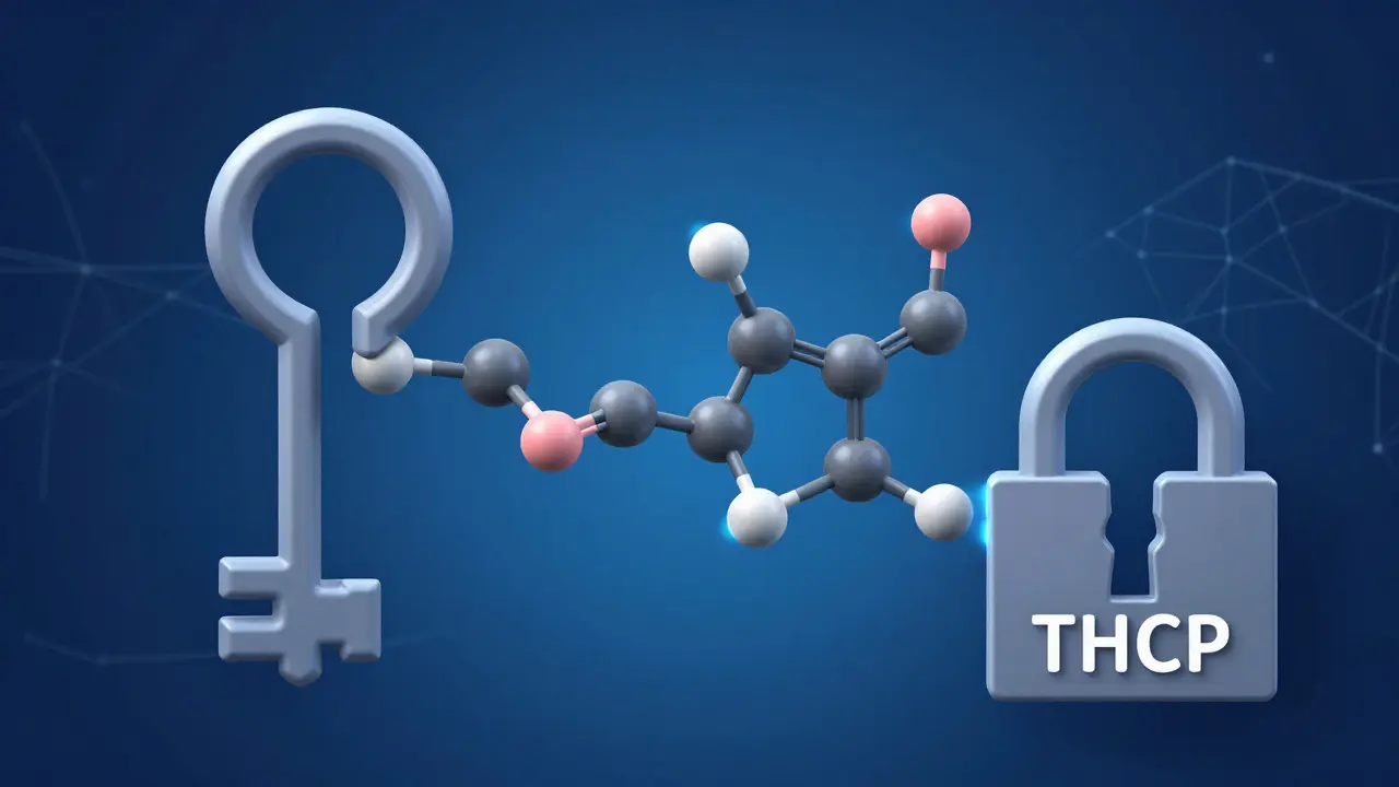 3D vizualizace molekul THCP a THC v receptoru