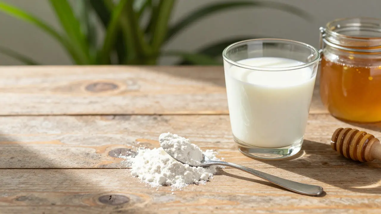CBD prášek vedle mléka a medu na dřevěném stole při ranním světle