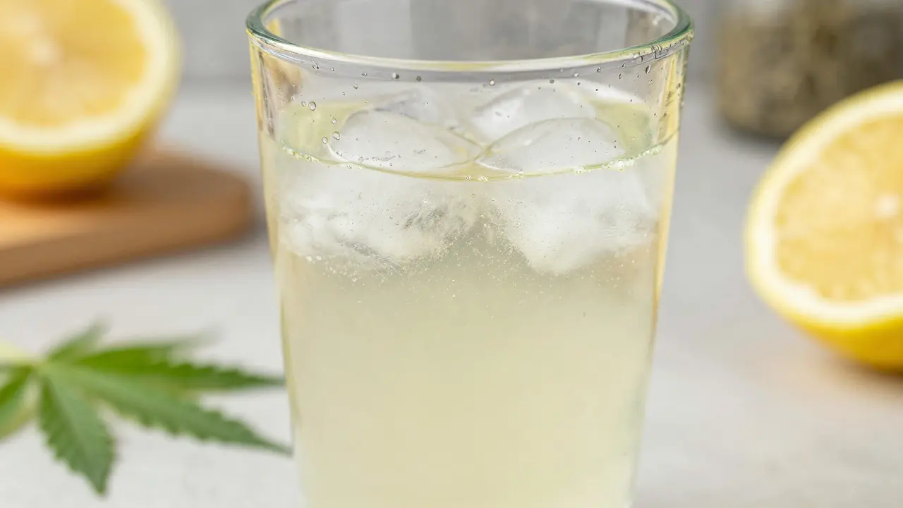 Detailní záběr sklenice s ledem a mikroskopickými částicemi CBD v tekutině
