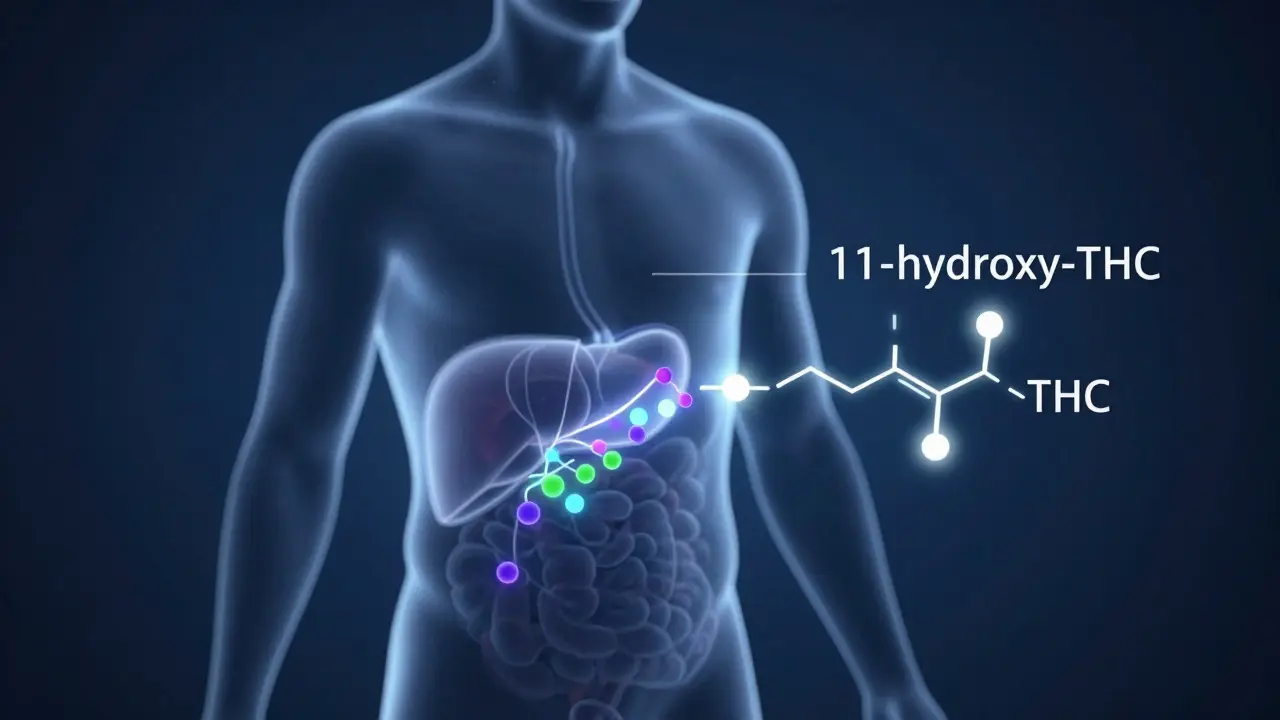 Ilustrace metabolismu THC v těle s rozsvícenými částicemi