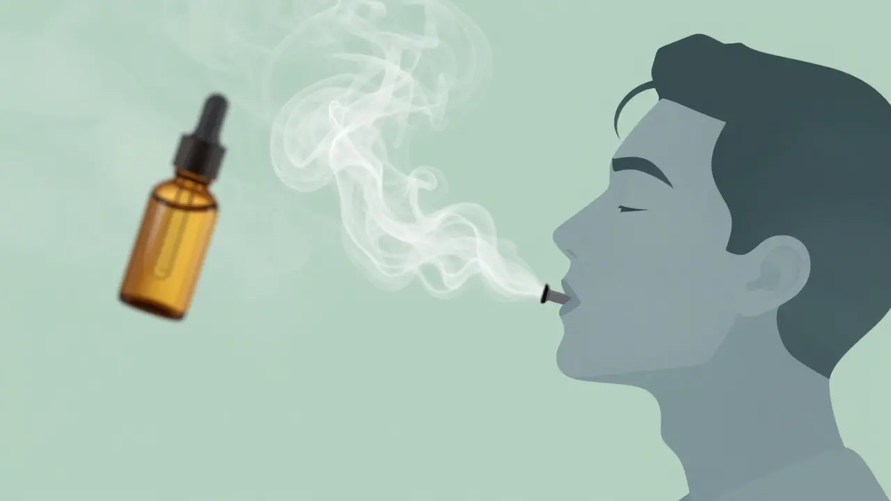 Ilustrace ukazující rychlý efekt inhalace parou oproti pomalejšímu působení CBD oleje.