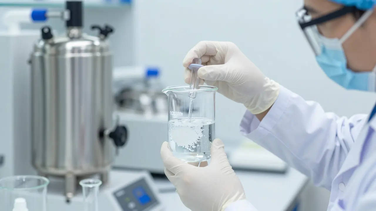 Laboratorní prostředí s vědcem a vybavením pro extrakci CBD