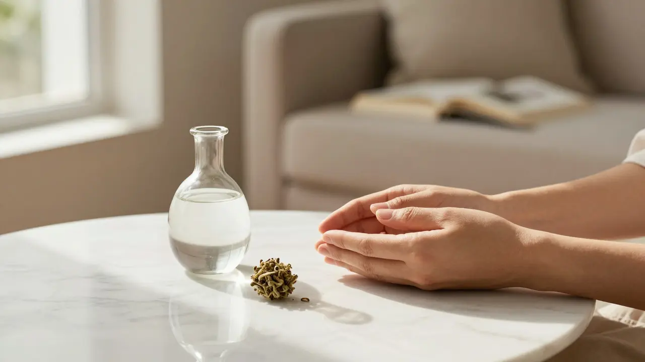 Ruce držící vaporizátor a CBD květ na mramorovém stole