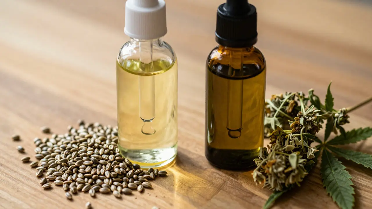 Srovnání lahví s konopným olejem a CBD extraktem na stole