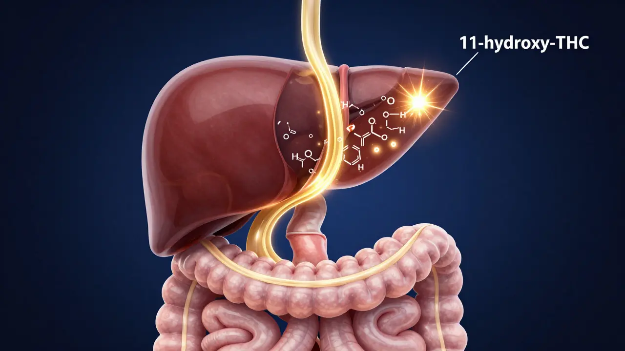 Umělecká vizualizace metabolizace THC v játrech