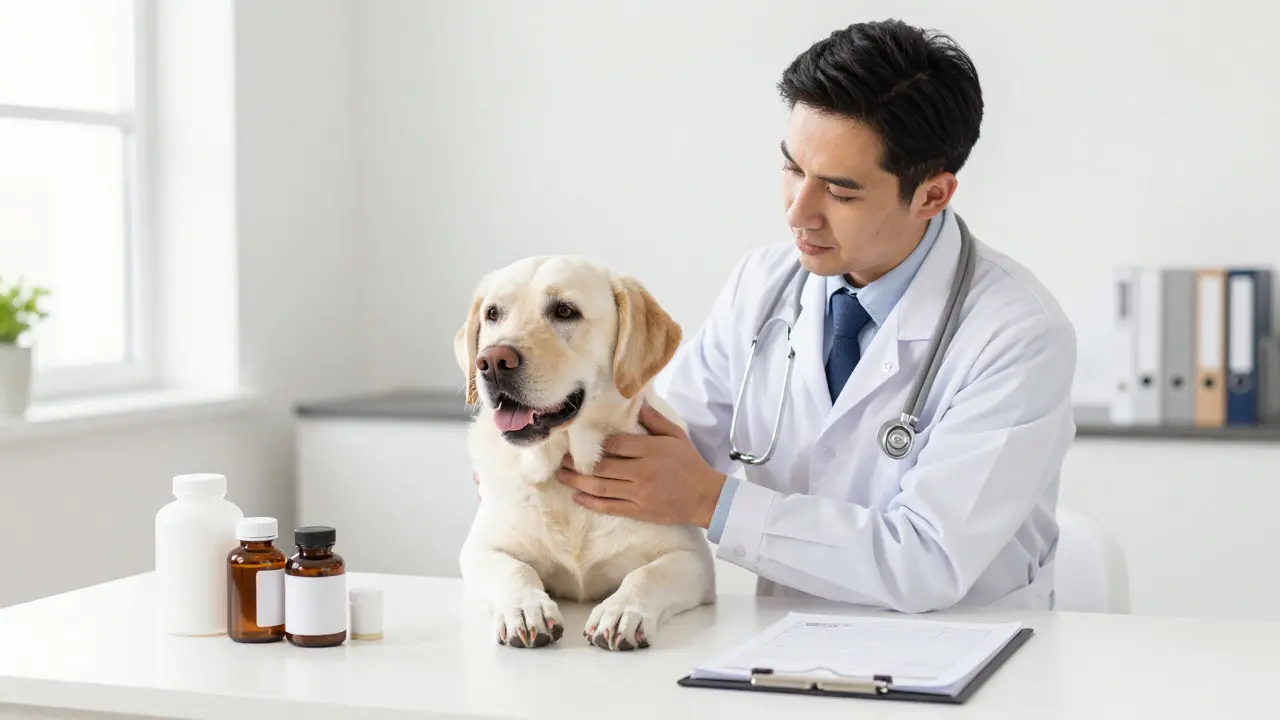 Veterinář vyšetřující psa v ordinaci vedle doplňků stravy