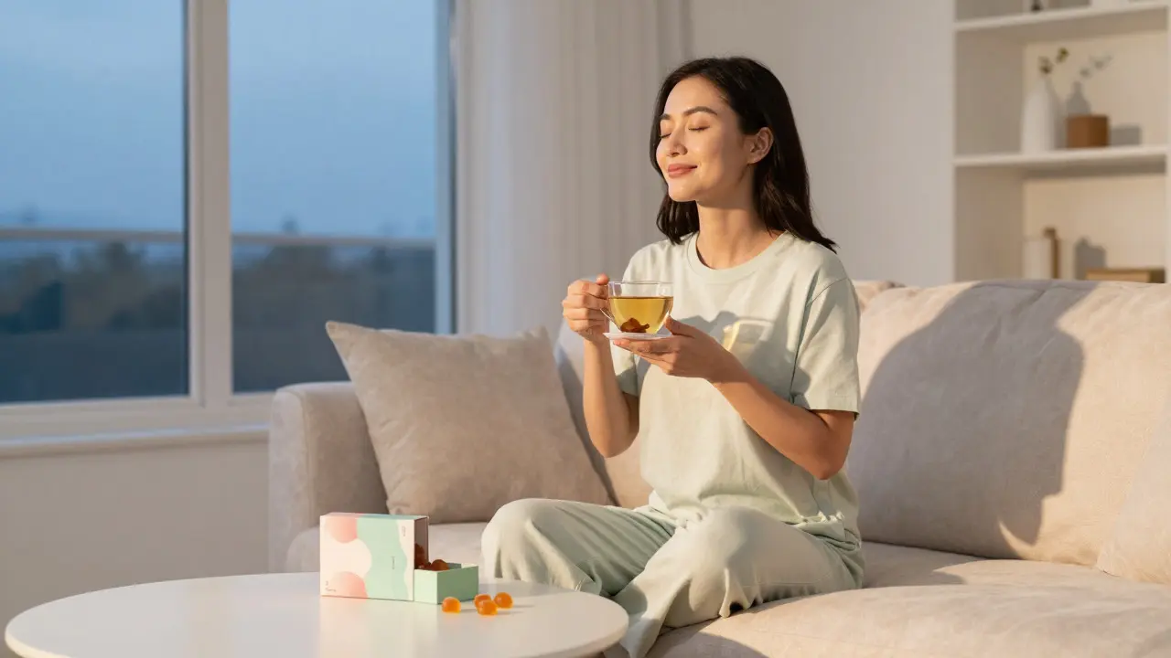 Žena užívaná CBD gummy a bylinkový čaj večer