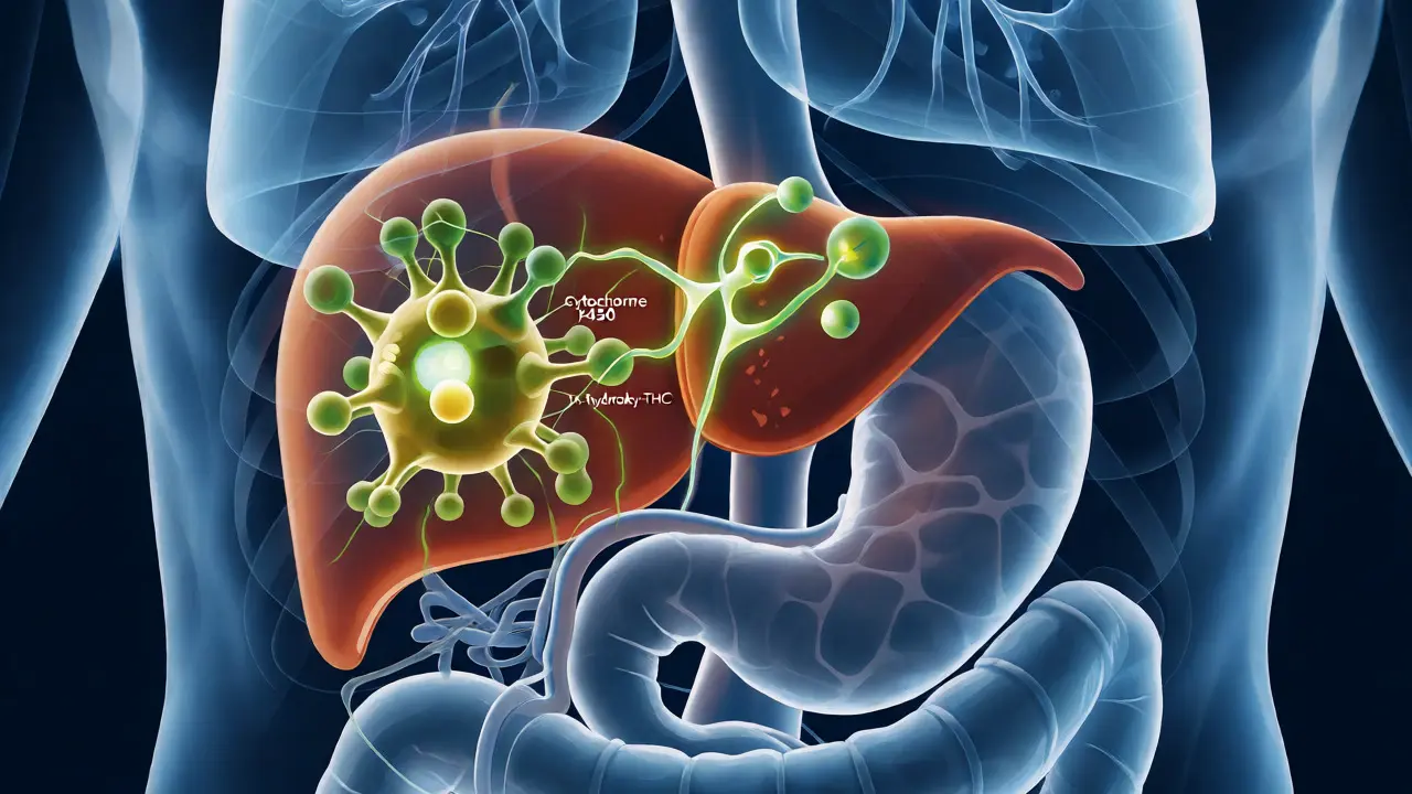 Anatomický řez tělem znázorňující přeměnu THC játry na aktivní látku