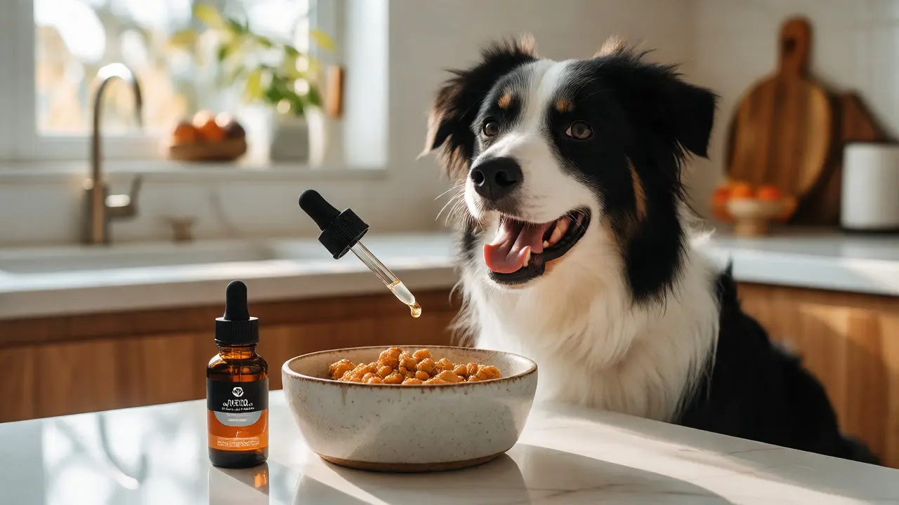 Border Collie waiting for food next to a CBD oil bottle