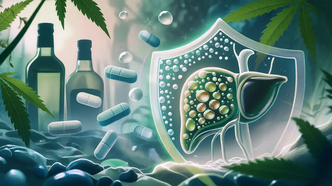 Konceptuální ilustrace chráněné jaterní buňky před toxiny pomocí CBD