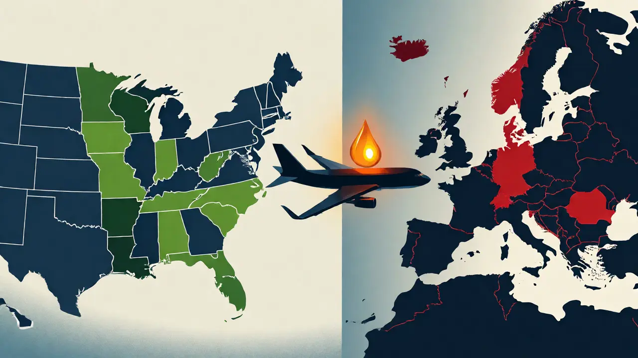 Konceptuální ilustrace rozdílu legálnosti Delta-8 mezi USA a Evropou.