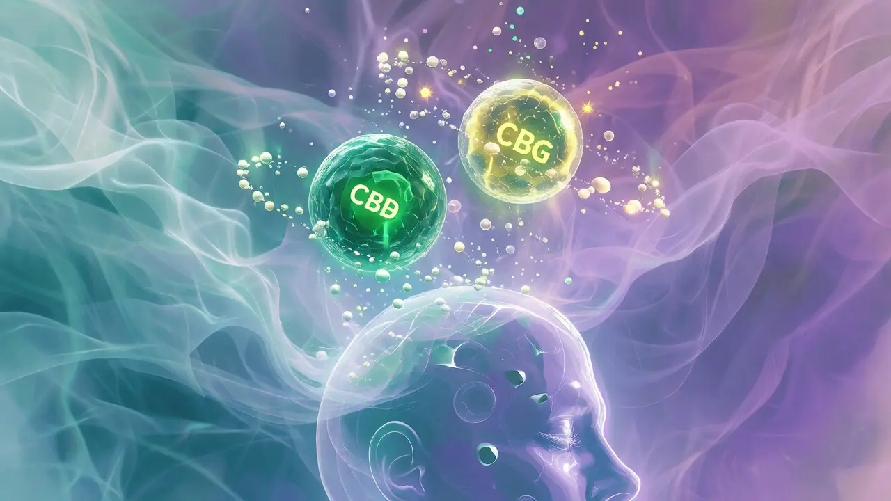 Konceptuální ilustrace synergie CBG a CBD jako světelné koule