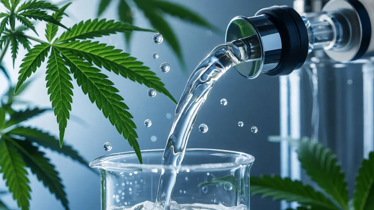 Macro shot of CBD extraction with hemp leaves and water drops