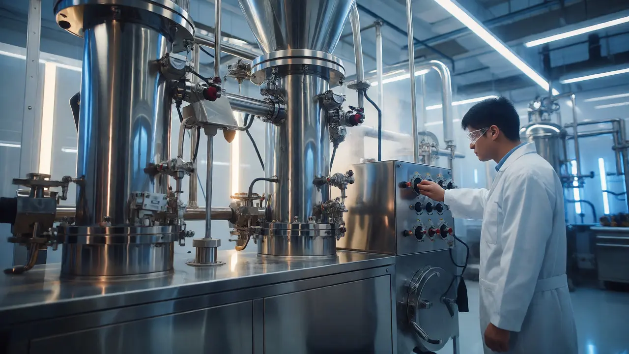 Moderní laboratoř s velkým zařízením pro superkritickou CO2 extrakci kanabinoidů.