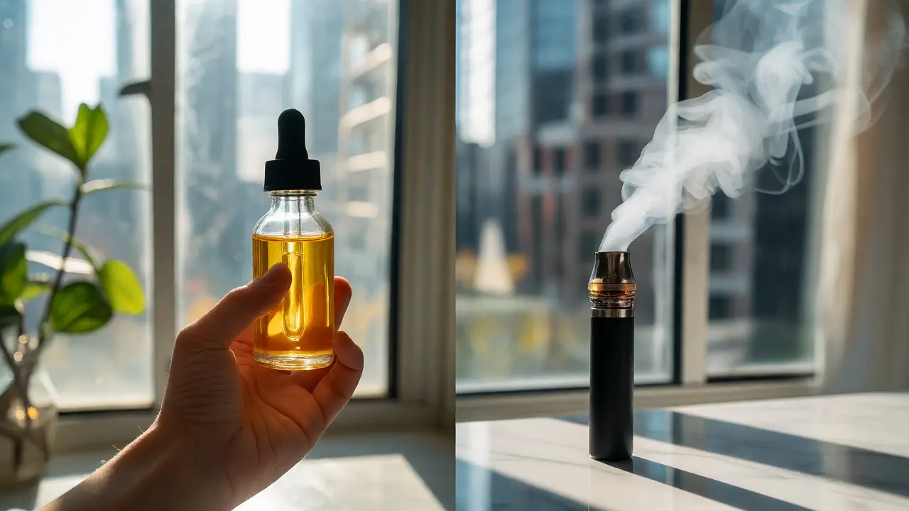 Porovnání lahvičky oleje CBD a vaporizéru ve světlém pokoji