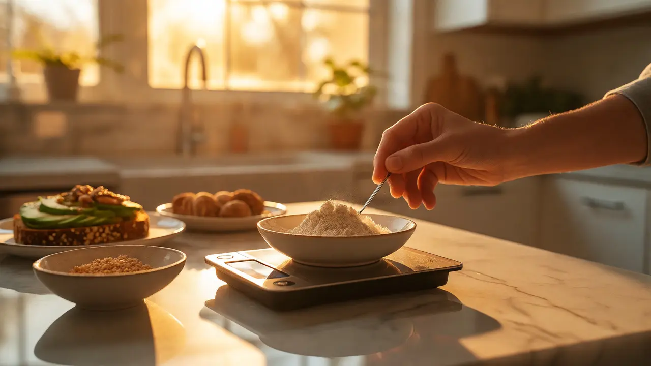 Ranní dávkování CBD crumble na digitální váze v osluněné kuchyni