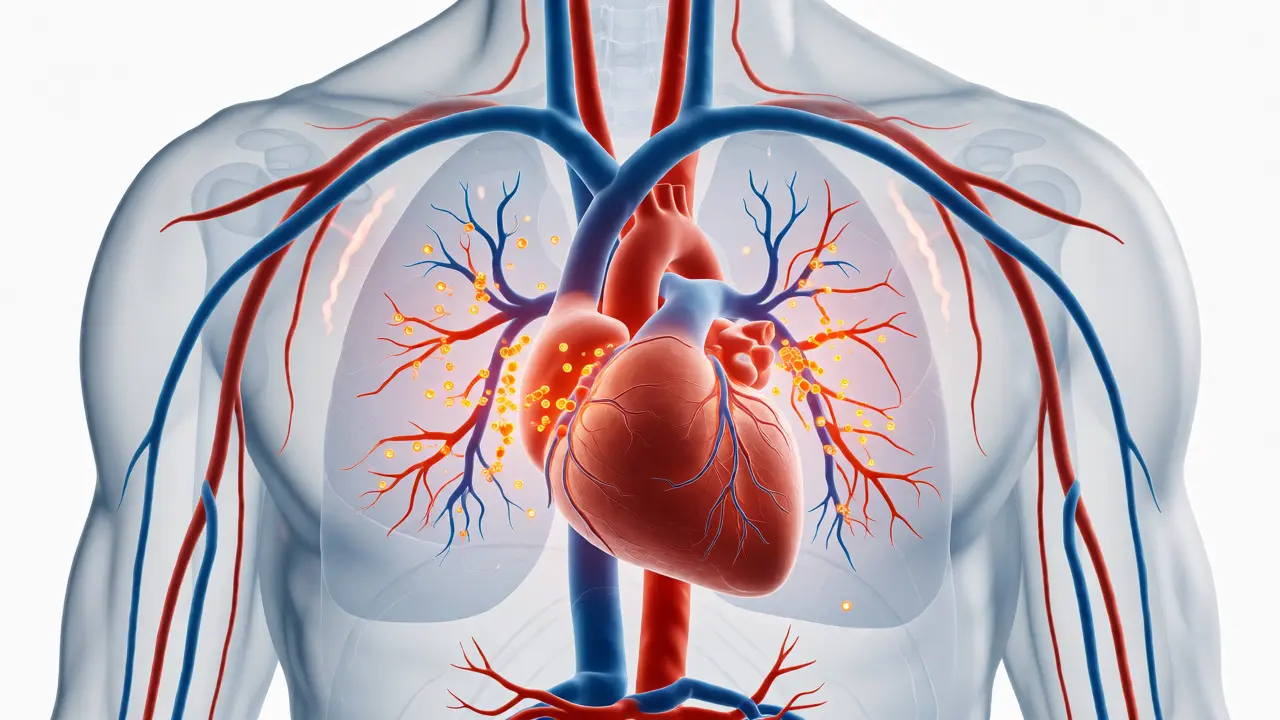 Anatomická ilustrace srdce reagujícího na molekuly HHC