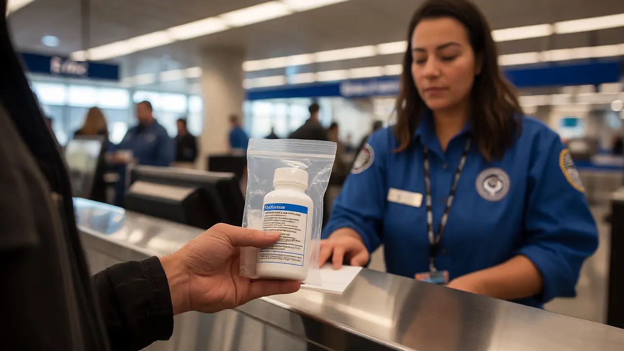 Cestující předkládá láhev s CBD isolate k prohlídce agentovi TSA na letišti